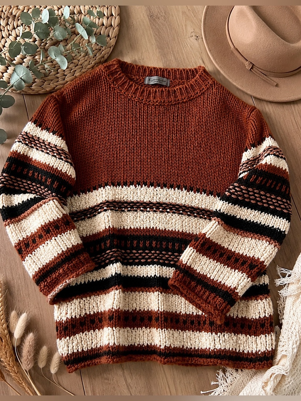 Elsamanda Italian Knit Striped Sweater Size Large Wool Alpaca Blend Pullover